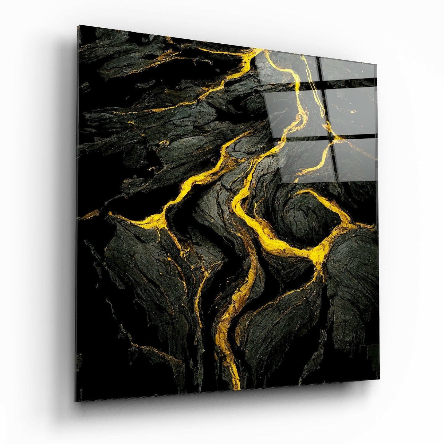 Angled view of black lava glass wall art with bright yellow veins and grid pattern overlay on right edge.