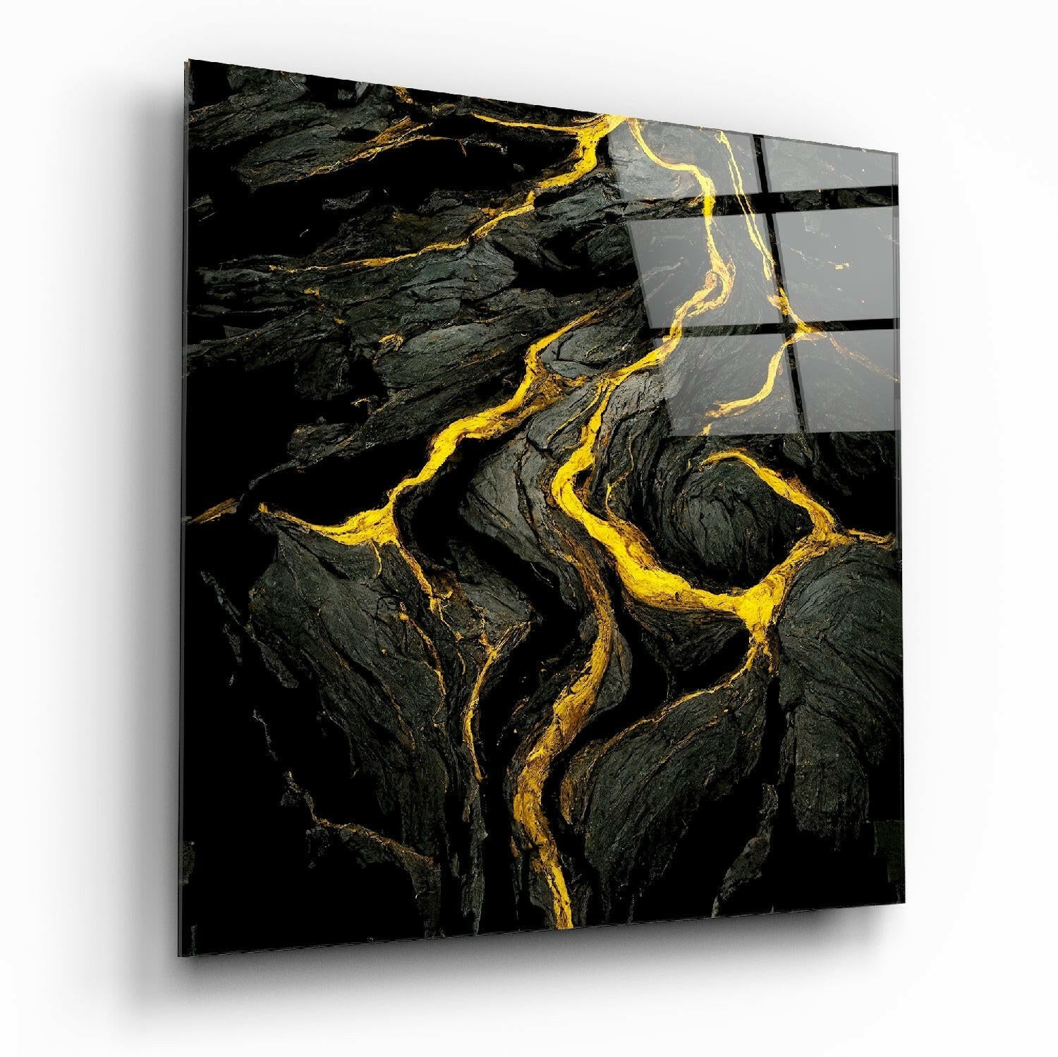 Angled view of black lava glass wall art with bright yellow veins and grid pattern overlay on right edge.