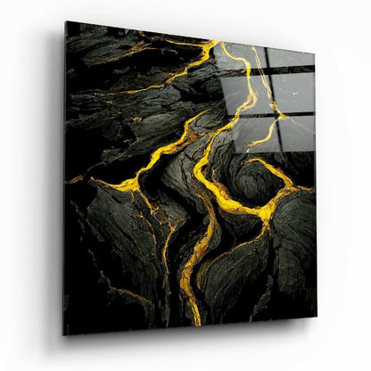 Angled view of black lava glass wall art with bright yellow veins and grid pattern overlay on right edge.