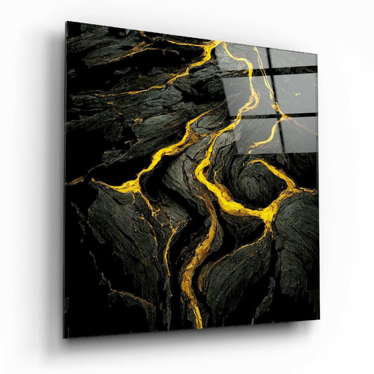 Angled view of black lava glass wall art with bright yellow veins and grid pattern overlay on right edge.