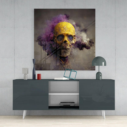 Front Facing Yellow Skull Violet Haze Glass Wall Art