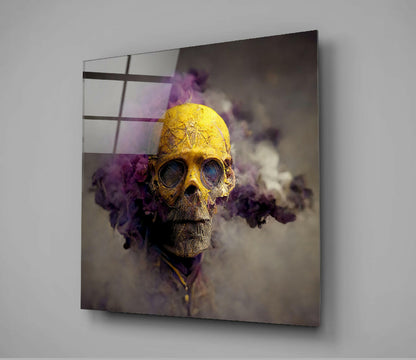 Front Facing Yellow Skull Violet Haze Glass Wall Art