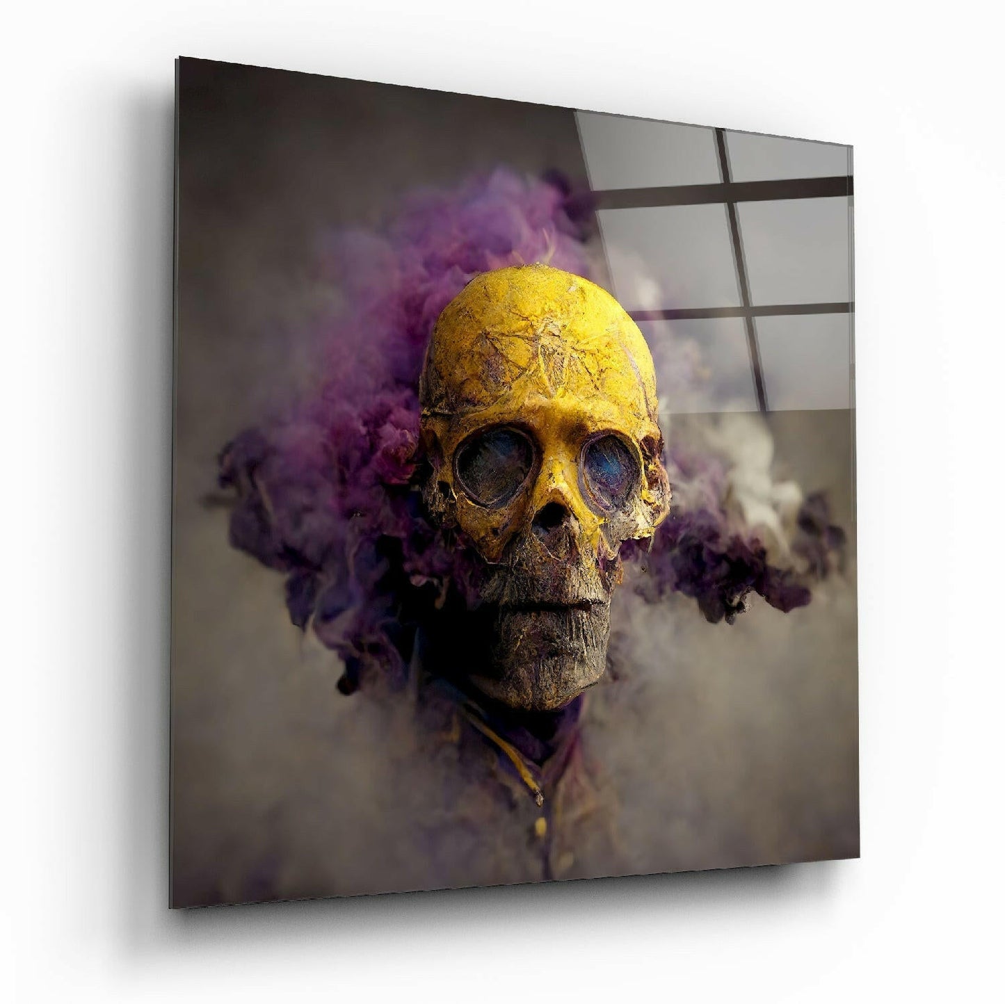 Front Facing Yellow Skull Violet Haze Glass Wall Art