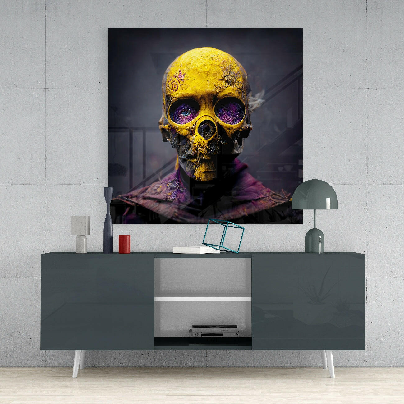 Yellow and purple skull artwork with glowing eyes displayed on gray media console in minimalist room setting.