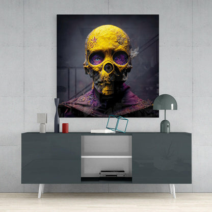 Yellow and purple skull artwork with glowing eyes displayed on gray media console in minimalist room setting.