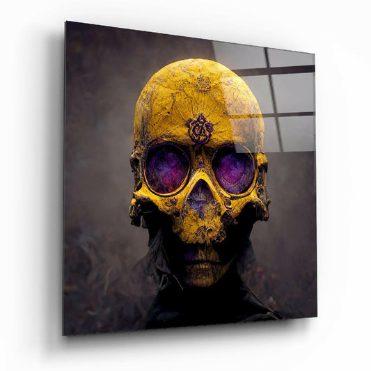 Gold and yellow skull with glowing purple eye sockets mounted on black figure against gray gridded background.