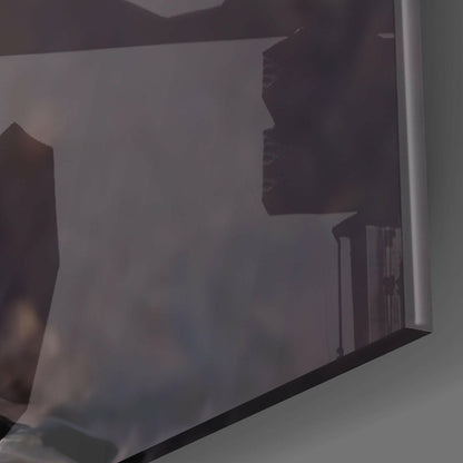 Close-up angled view of translucent frosted glass panel showing dark silhouette design with black border edge.