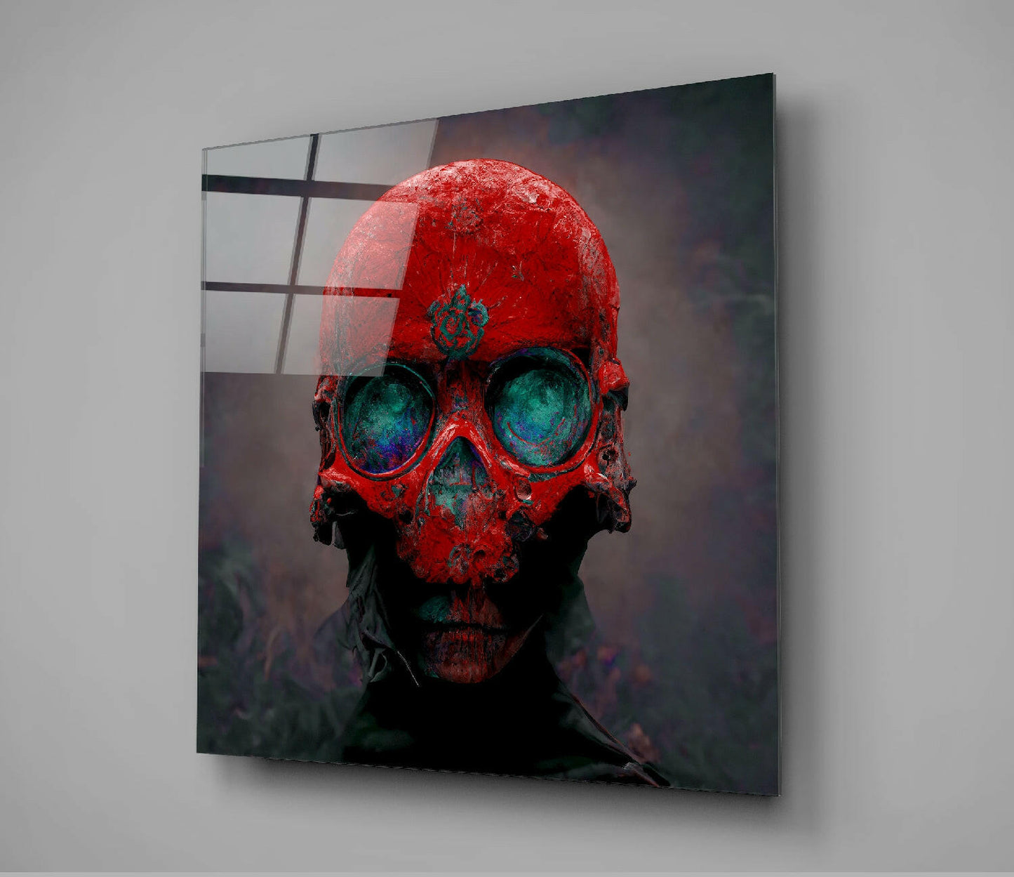 Red skull with turquoise eye sockets mounted on gray wall, displaying glass panel with black grid overlay.
