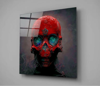 Red skull with turquoise eye sockets mounted on gray wall, displaying glass panel with black grid overlay.