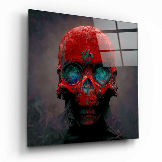 Red skull with turquoise eye sockets mounted on glass panel, displayed at angle against white background.