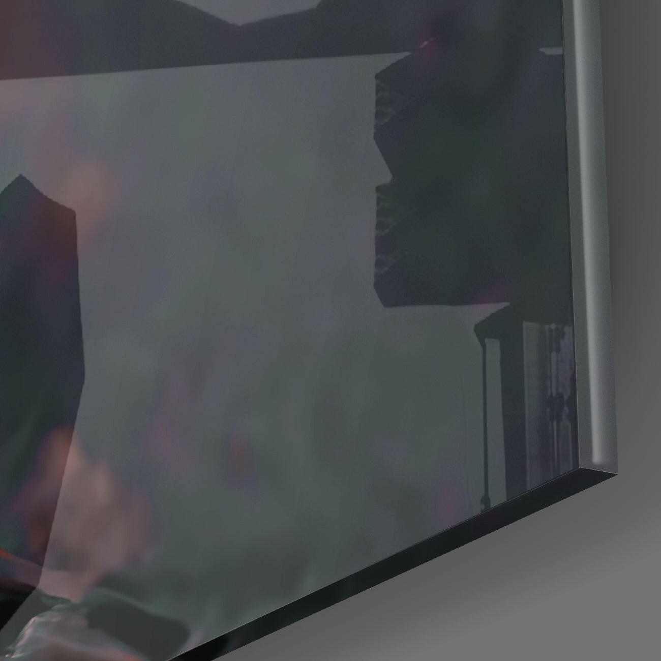 Frosted glass panel with silhouette of red-haired woman's profile against diffused background light.