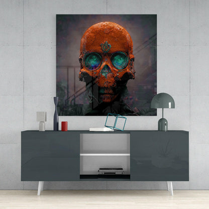 Orange and teal skull glass artwork displayed above a dark gray media console in a minimalist interior setting.