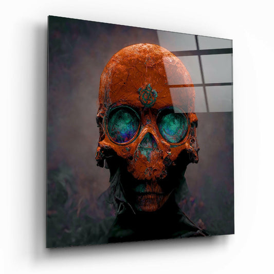 Orange and teal copper skull with glowing gemstone eyes mounted on white wall, angled perspective view.