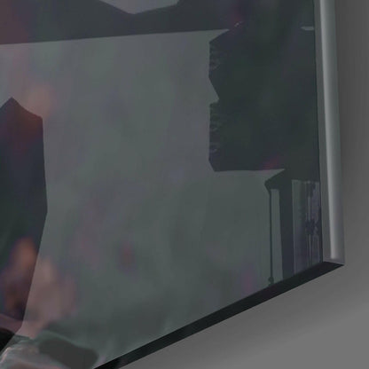 Translucent frosted glass panel displaying silhouetted profile of an orange head against pale background, side angle view.