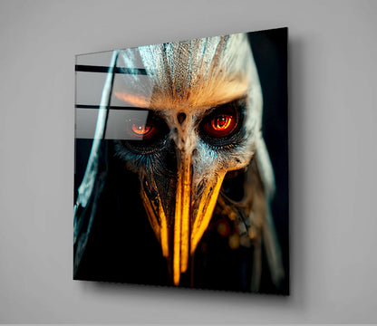Close-up of glass wall art featuring an eagle's head with glowing red eyes and golden beak against dark background, mounted at an angle.