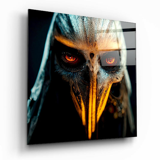Close-up angled view of glass wall art featuring an eagle's head with glowing red eyes and golden beak against black background.