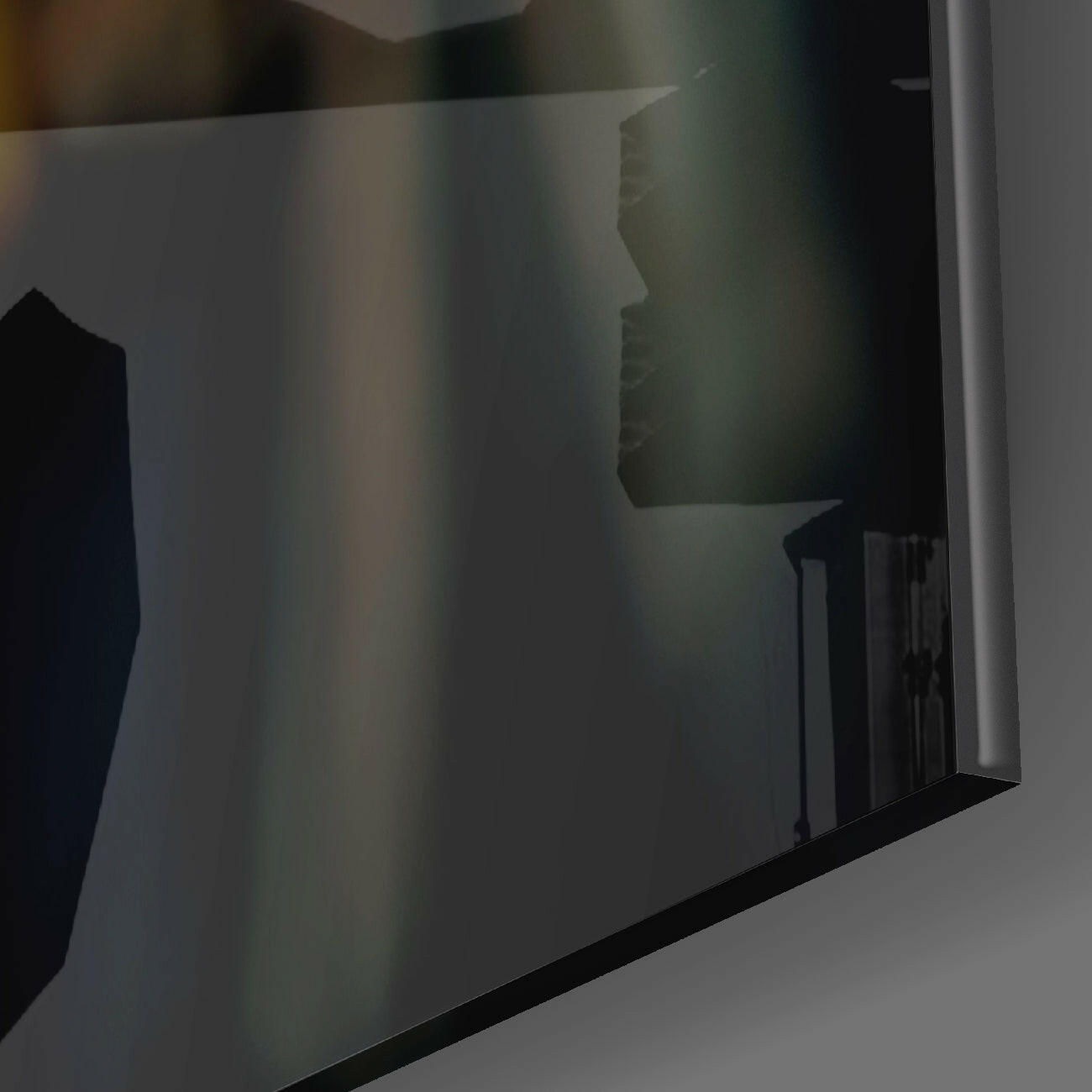 Frosted glass panel with silhouetted profile of a beak pointing right, mounted at an angle against white wall.