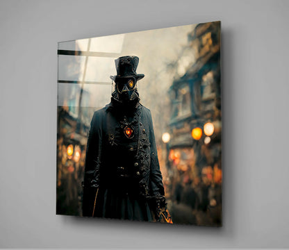 Steampunk figure in black coat and top hat with glowing orange eyes standing in Victorian street, mounted on glass wall panel with horizontal supports visible.