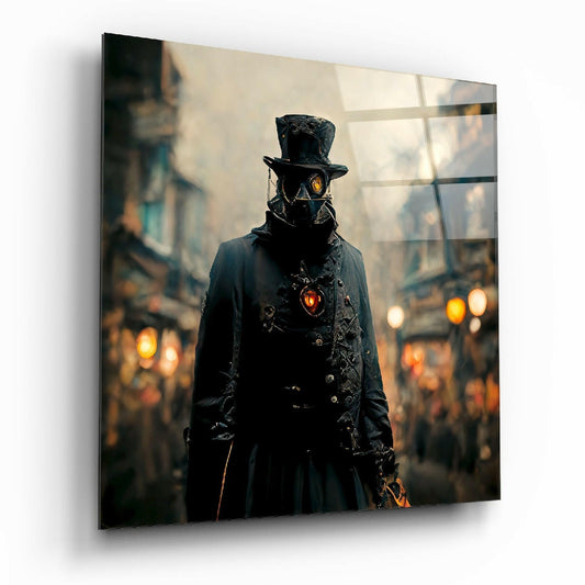 A steampunk figure in black coat and top hat with glowing orange eyes stands on a misty street lined with warm streetlights.