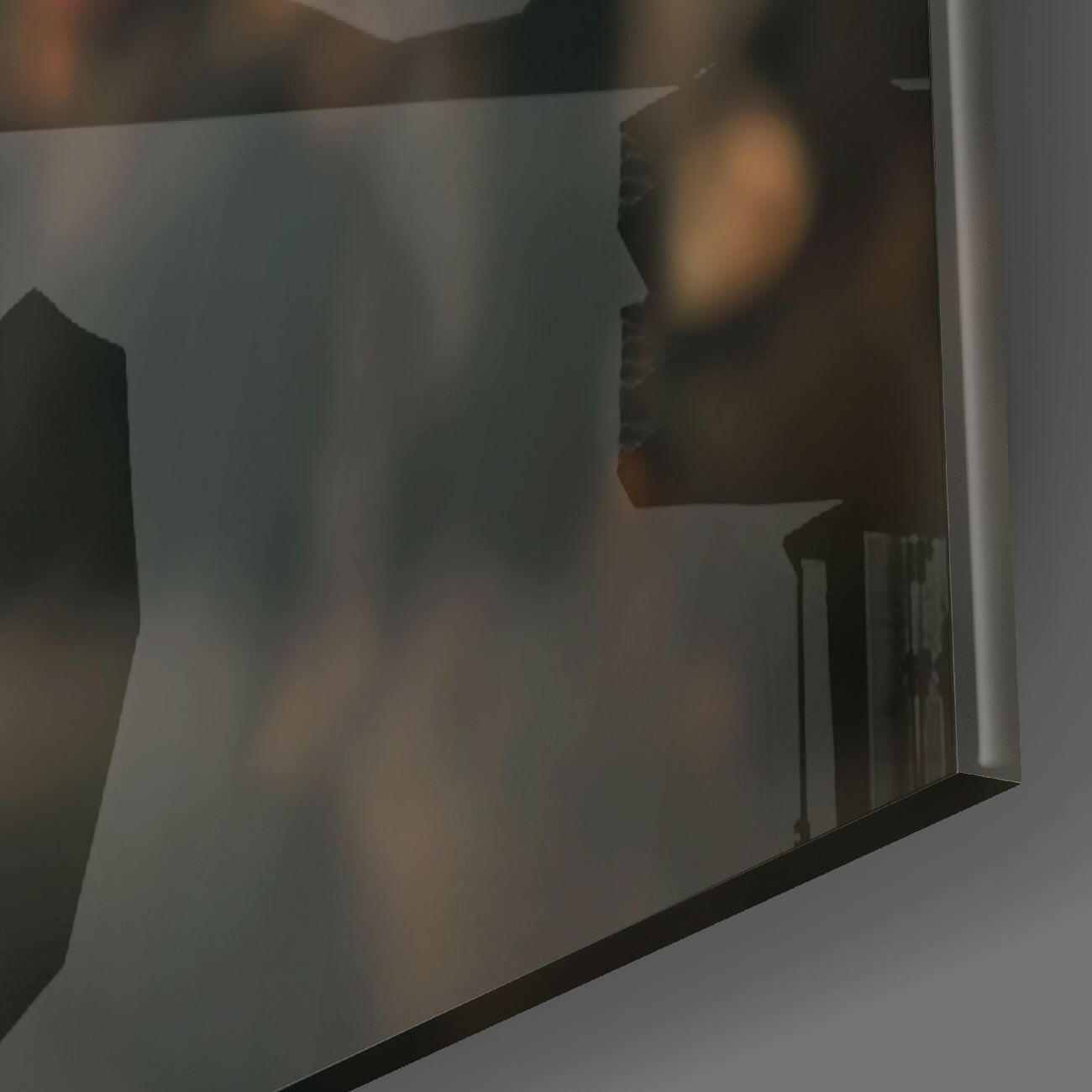 Frosted glass panel with silhouetted warrior profile design mounted at an angle against white wall.