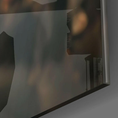 Frosted glass panel with silhouetted warrior profile design mounted at an angle against white wall.