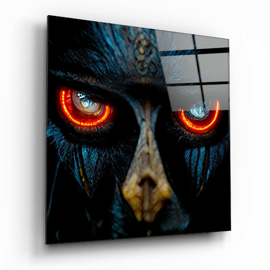 Glass wall art displaying a close-up of a black owl's face with glowing red-orange eyes against a dark background.