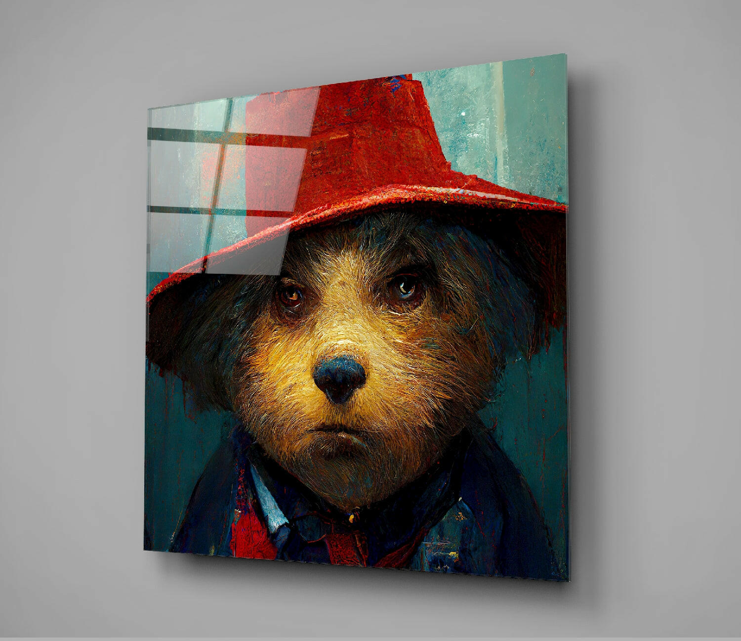 Dog wearing red hat and jacket against teal and red abstract background on glass wall art panel.