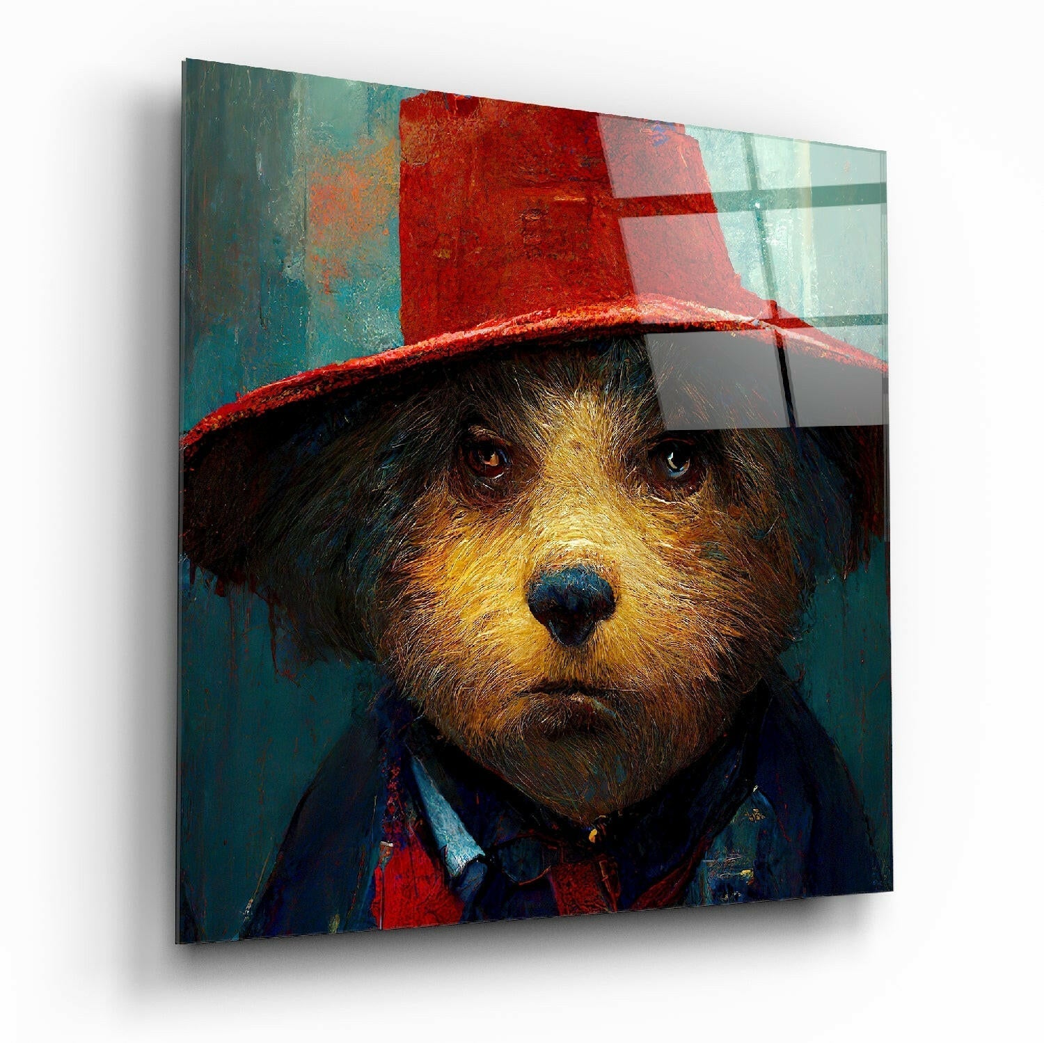 A dog wearing a red hat and blue jacket against a teal and red abstract background on a glass wall panel, angled to show depth and shadow.