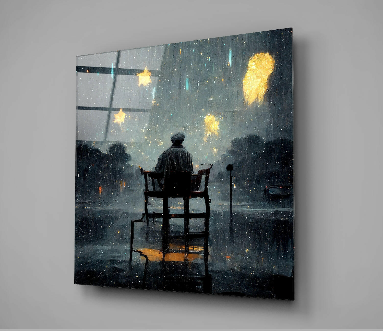 Silhouetted figure seated on chair at window during rainy night with glowing yellow stars on dark glass art panel.