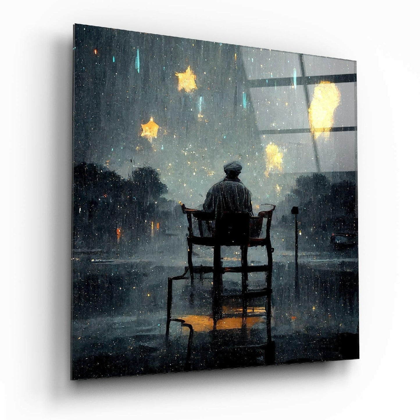 A silhouetted figure sits on a chair facing a rainy cityscape with glowing yellow stars and lights against a dark teal glass panel.