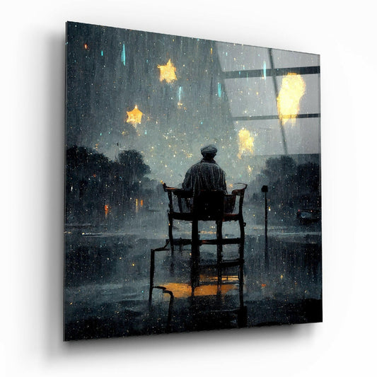A silhouetted figure sits on a chair facing a rainy cityscape with glowing yellow stars and lights against a dark teal glass panel.