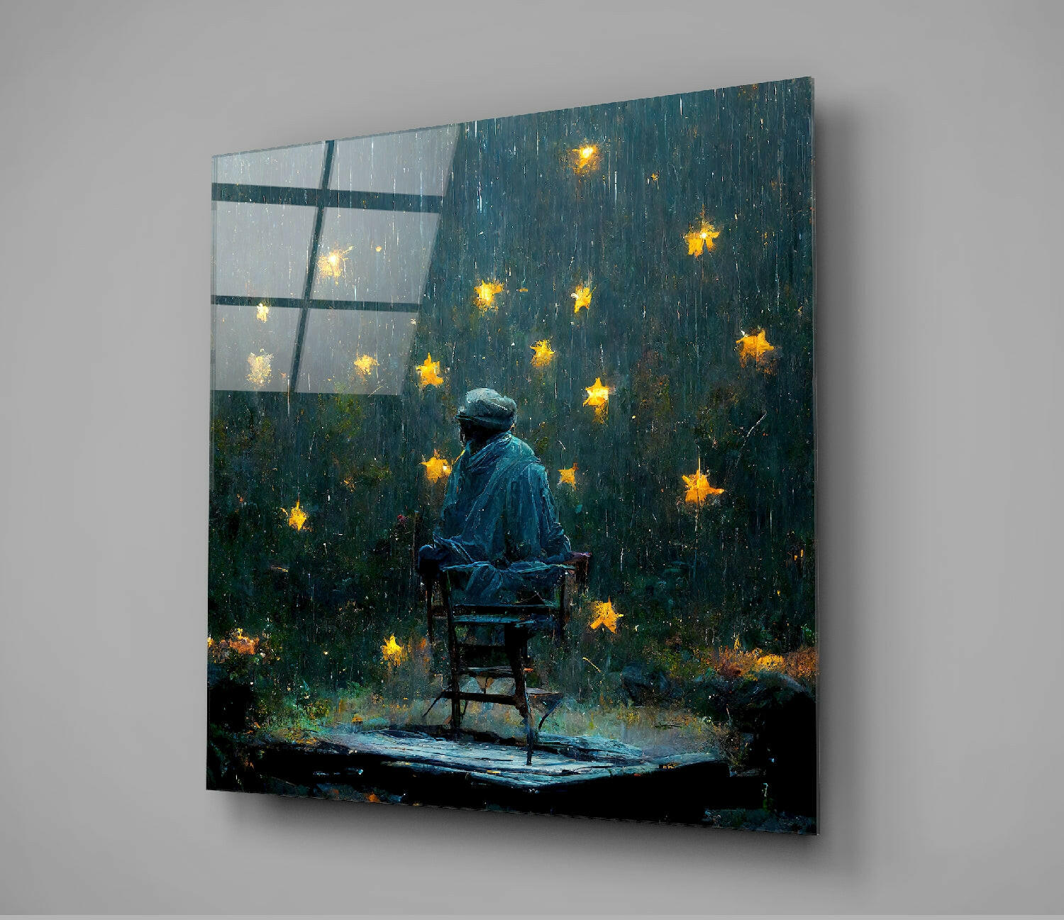 A solitary figure in blue sits on a wooden chair facing a rain-streaked window with glowing yellow stars, displayed as a glass wall panel.