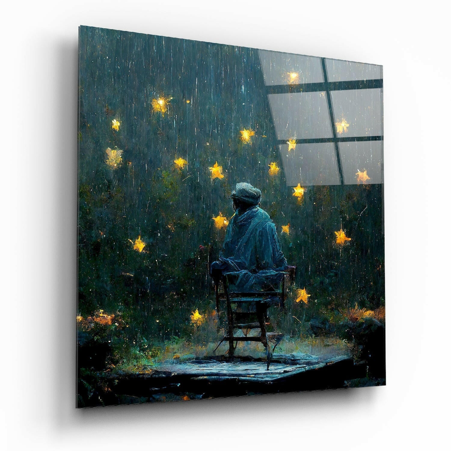 Solitary figure in blue coat sitting on wooden chair facing rain-covered wall with glowing yellow stars, viewed from front angle.