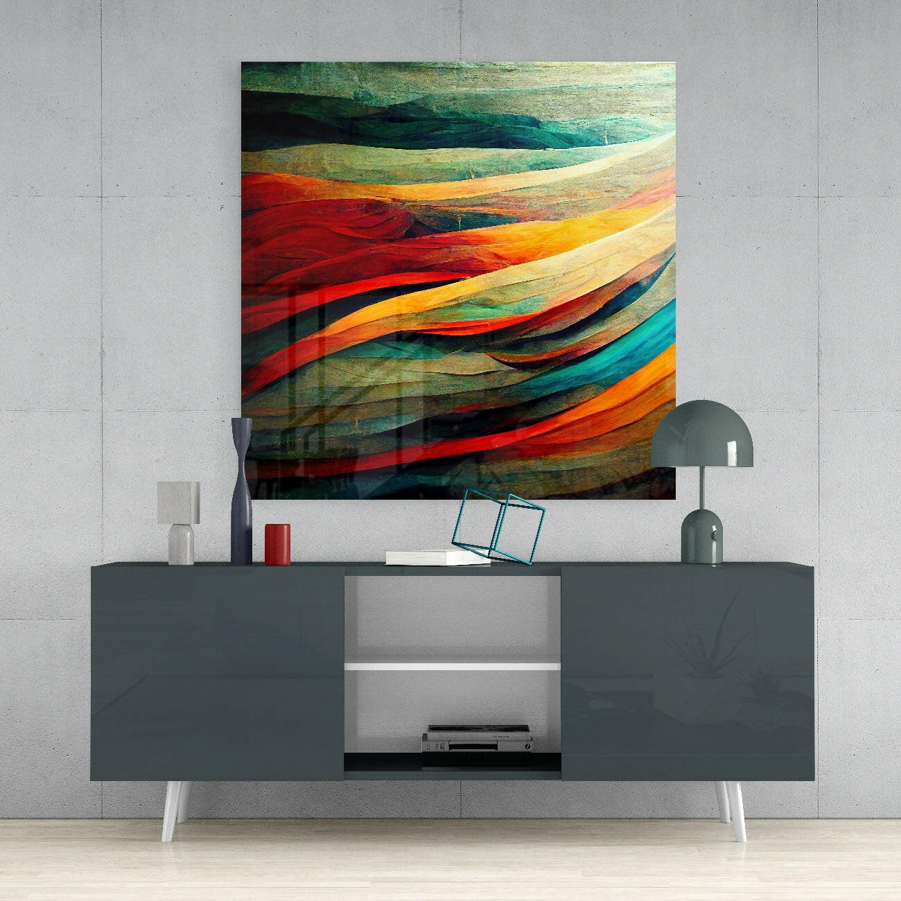 Colorful Flow Glass Wall Art featuring layered red, orange, yellow, green, and blue stripes displayed above a dark media console in a modern interior setting.