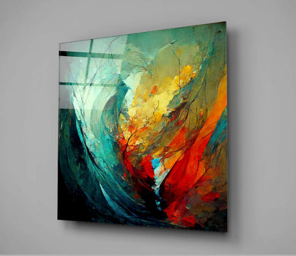 Abstract glass wall art panel mounted at angle displaying swirling teal, yellow, orange, and red paint strokes with black linear elements.