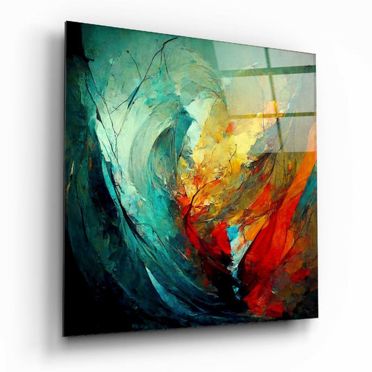 Abstract glass wall art with swirling teal, yellow, orange, and red brushstrokes, displayed at an angled perspective showing three-dimensional depth.