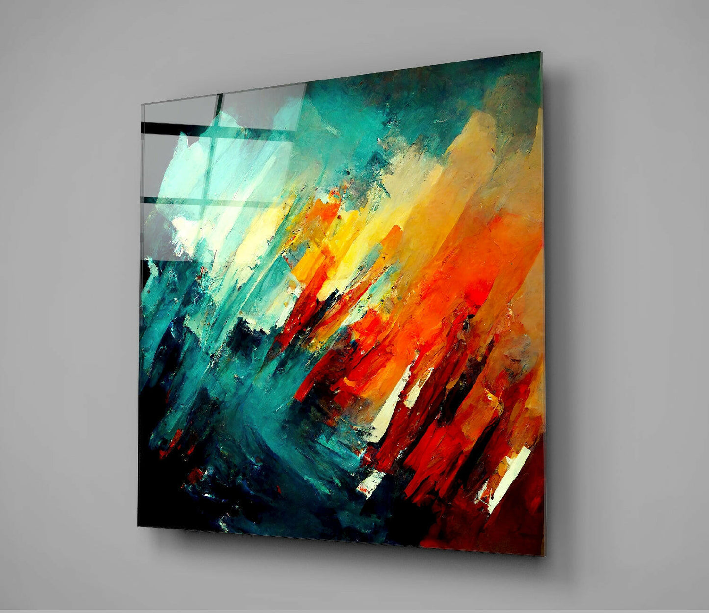 Abstract glass wall art with diagonal brushstrokes in teal, yellow, orange, and red on black background, mounted on gray wall.