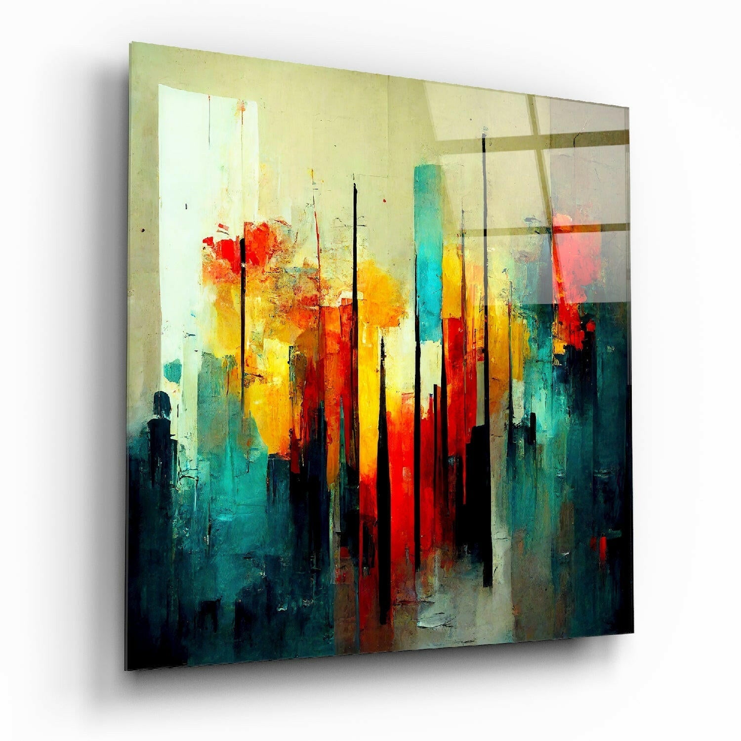 Abstract glass wall art featuring vertical black lines overlaying vibrant red, yellow, teal, and dark blue layered paint strokes, photographed at an angle showing depth and dimension.