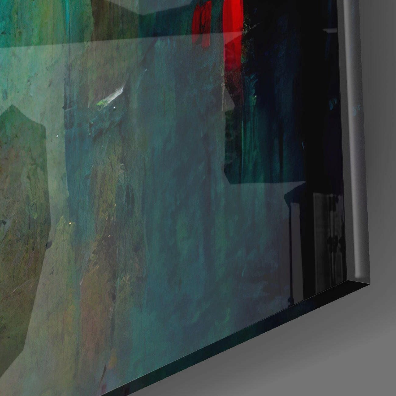 Close-up angled view of glass wall art showing layered turquoise and green tones with red accents visible at top edge.