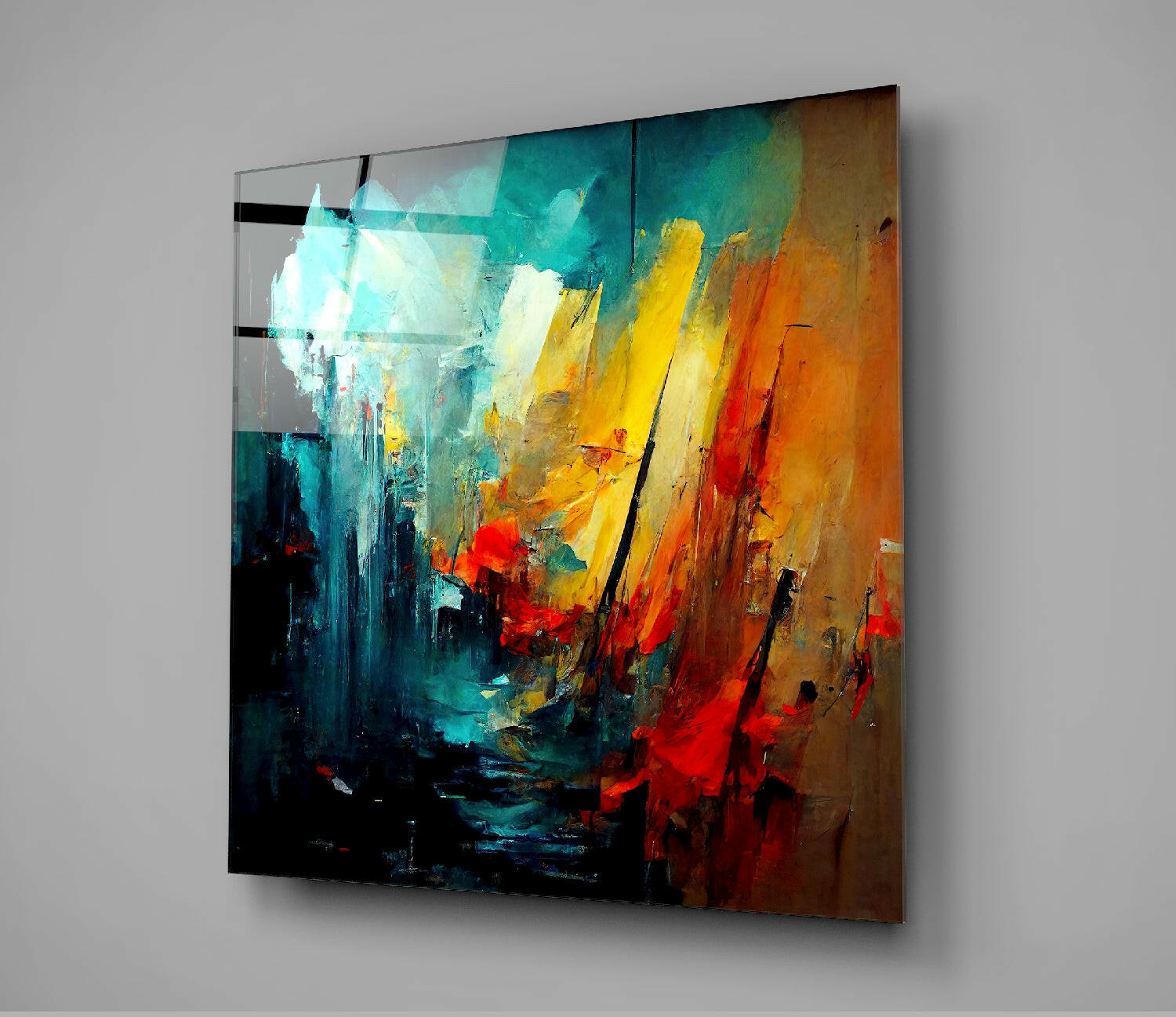 Abstract glass wall art mounted on gray wall showing turquoise, yellow, orange, and red paint strokes with black vertical lines.