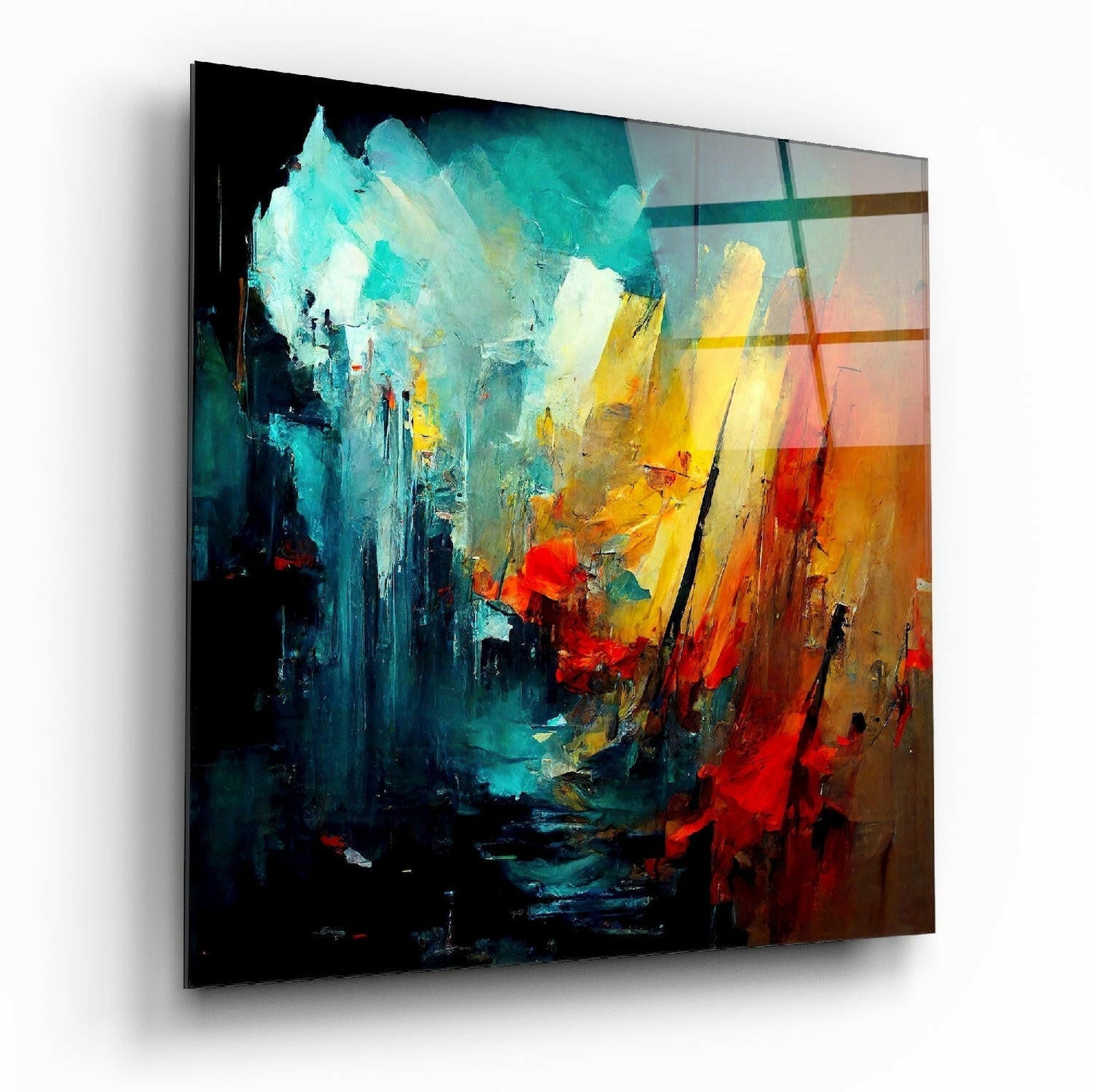 Abstract glass wall art with turquoise, yellow, and red paint strokes on dark background, angled perspective view.