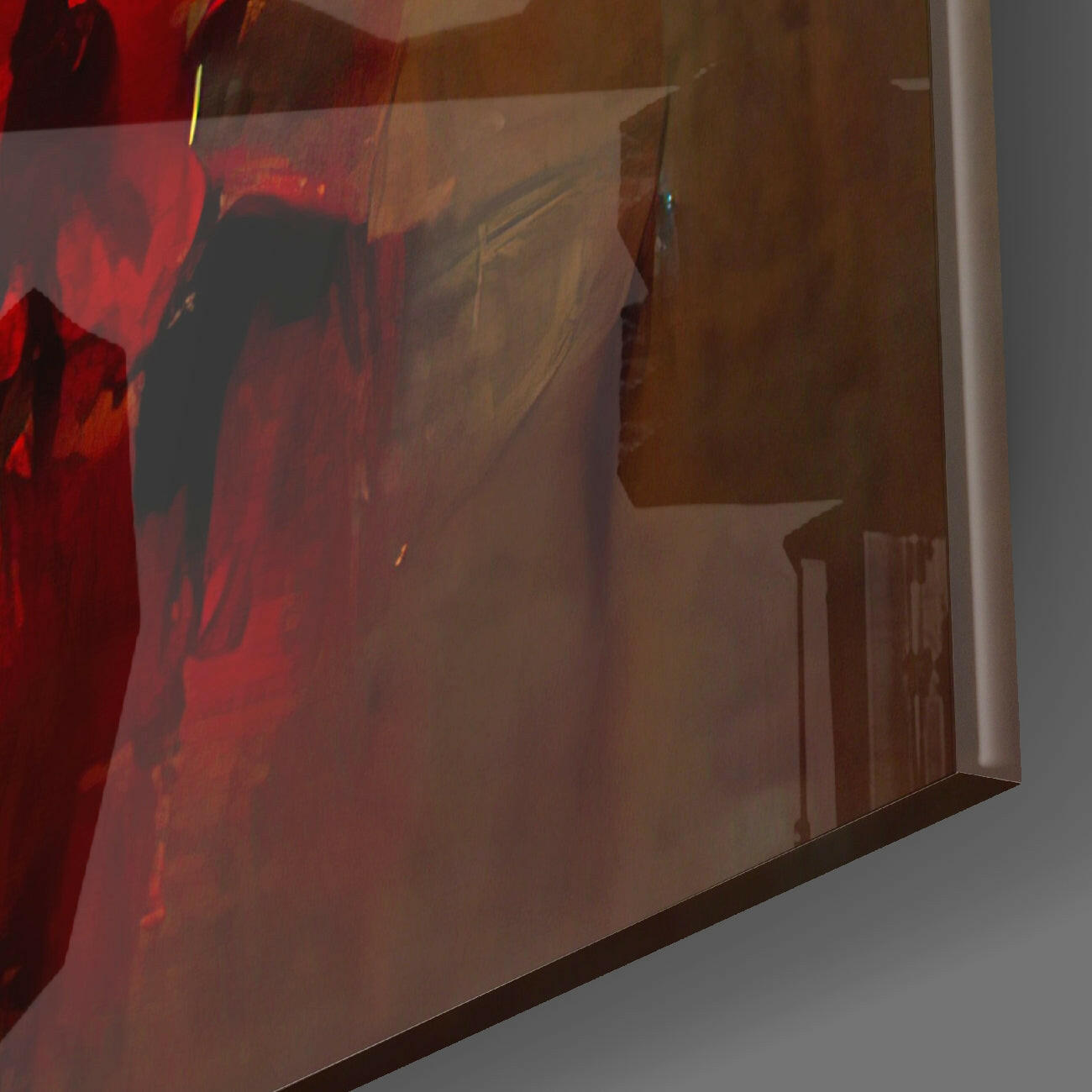 Close-up side view of red and tan silhouette glass art panel with dark architectural shapes and metal frame edge.