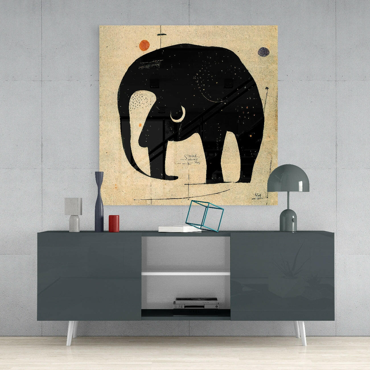 Minimalist Black Elephant On Beige Glass Wall Art
