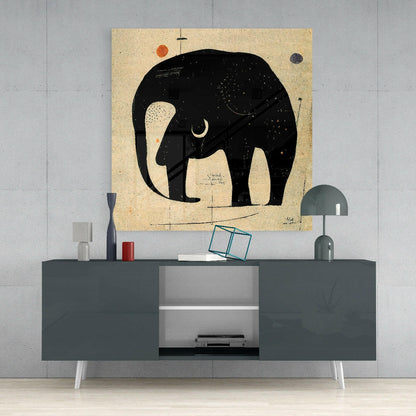 Minimalist Black Elephant On Beige Glass Wall Art