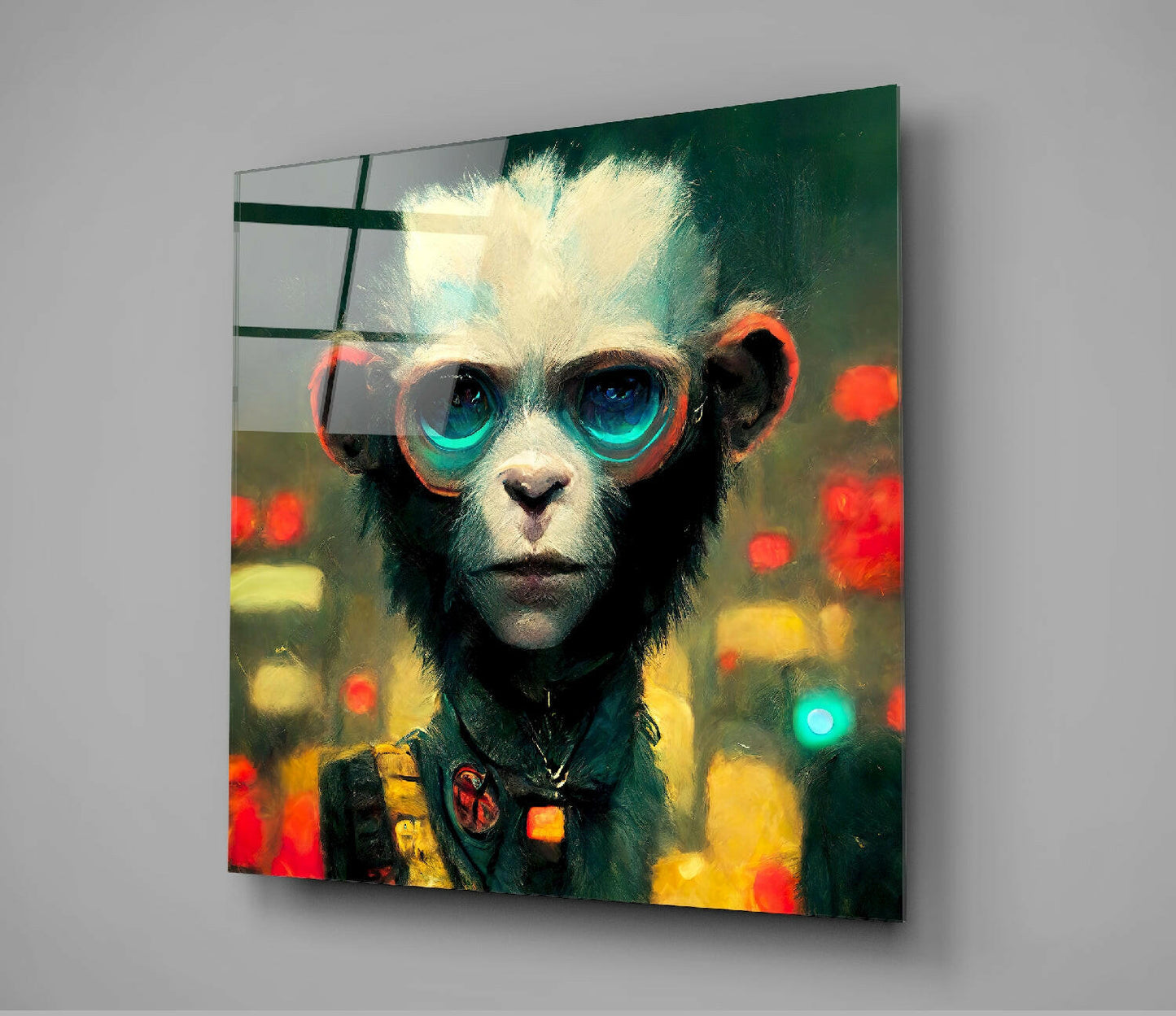 Glass wall art panel displaying a stylized primate wearing neon-rimmed goggles against a bokeh citylight background in warm and cool tones.