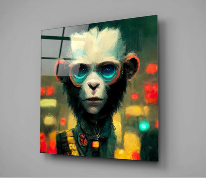 Glass wall art panel displaying a stylized primate wearing neon-rimmed goggles against a bokeh citylight background in warm and cool tones.