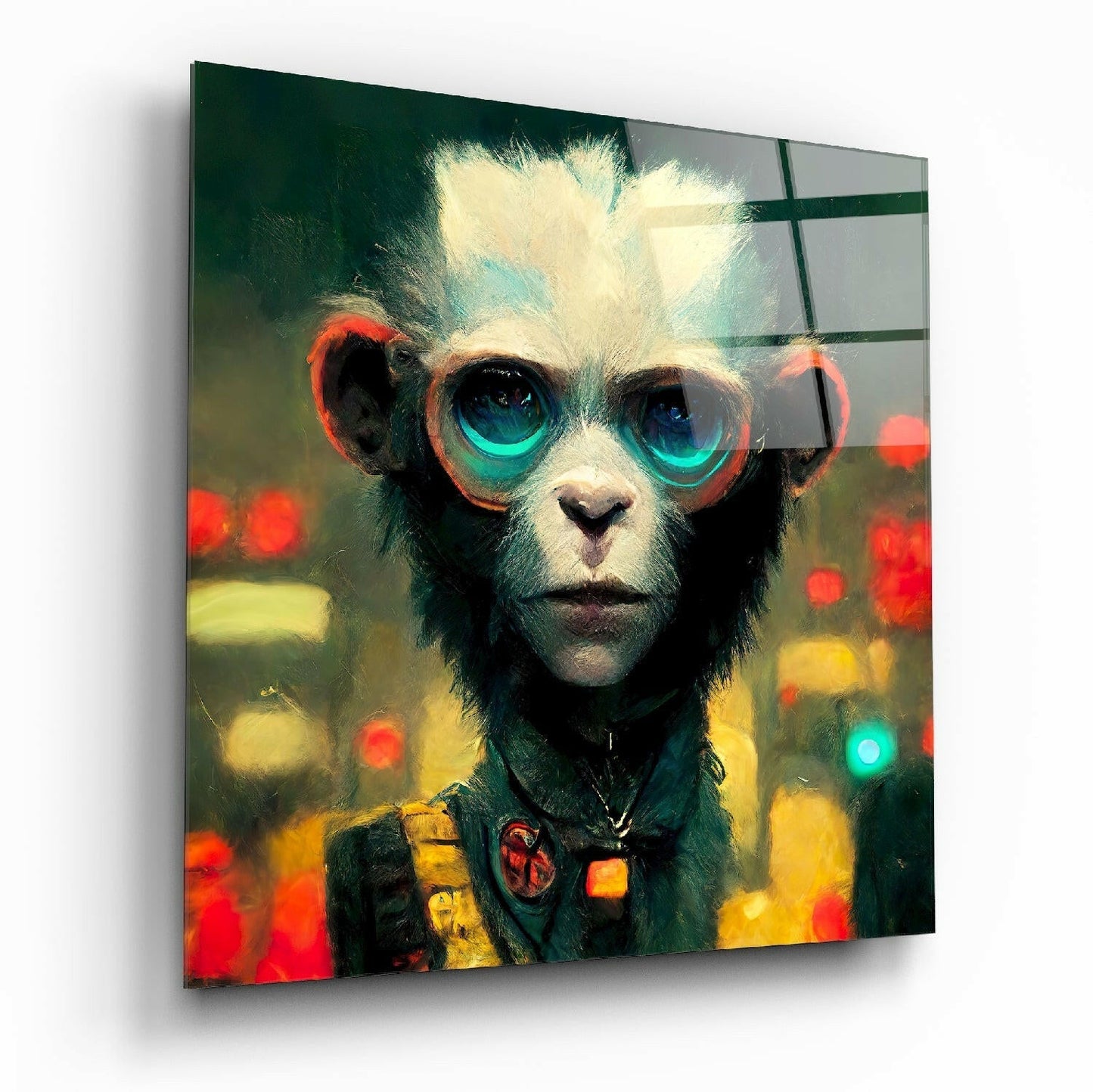 Glass wall art panel displaying a stylized monkey wearing cyan goggles against a blurred urban cityscape with red and yellow light bokeh.