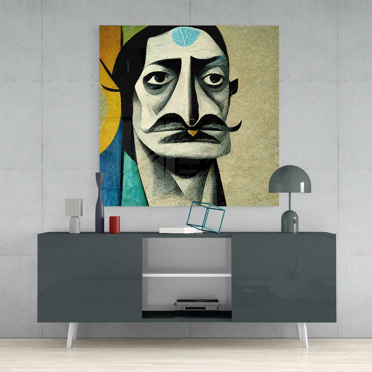Modern living room display featuring a framed portrait of a mustachioed man with geometric features and colorful abstract elements on a gray media console.