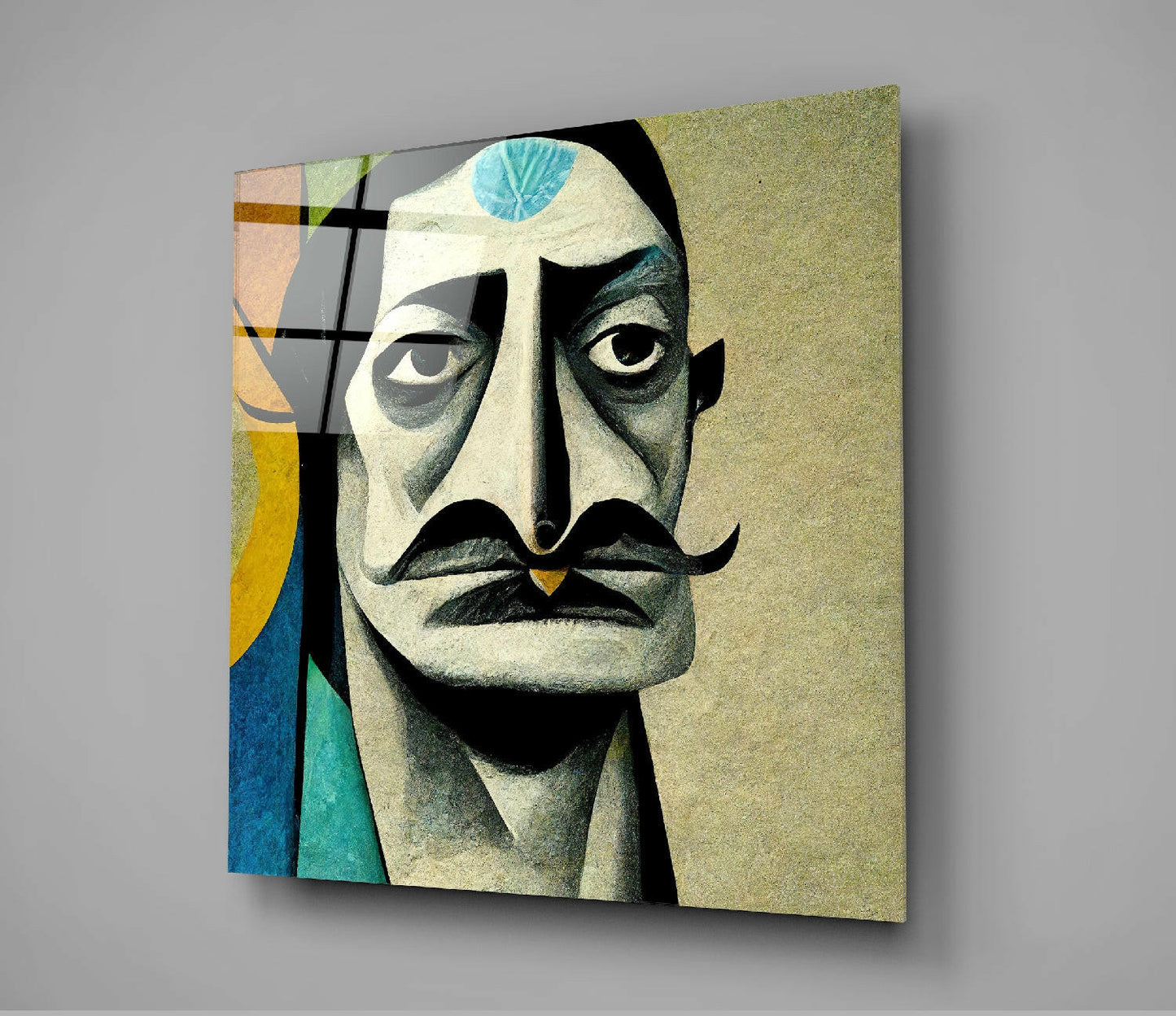Square glass wall art displaying a stylized portrait of a man with a distinctive mustache, featuring cream, black, teal, and gold tones with geometric patterns on the left side.