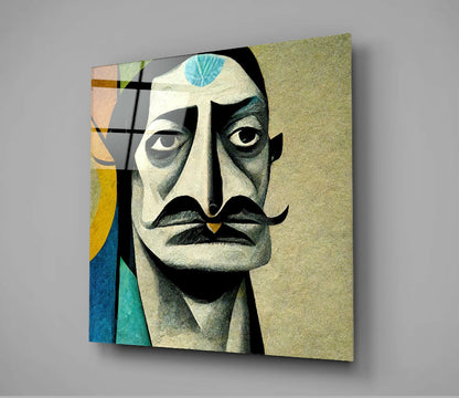 Square glass wall art displaying a stylized portrait of a man with a distinctive mustache, featuring cream, black, teal, and gold tones with geometric patterns on the left side.